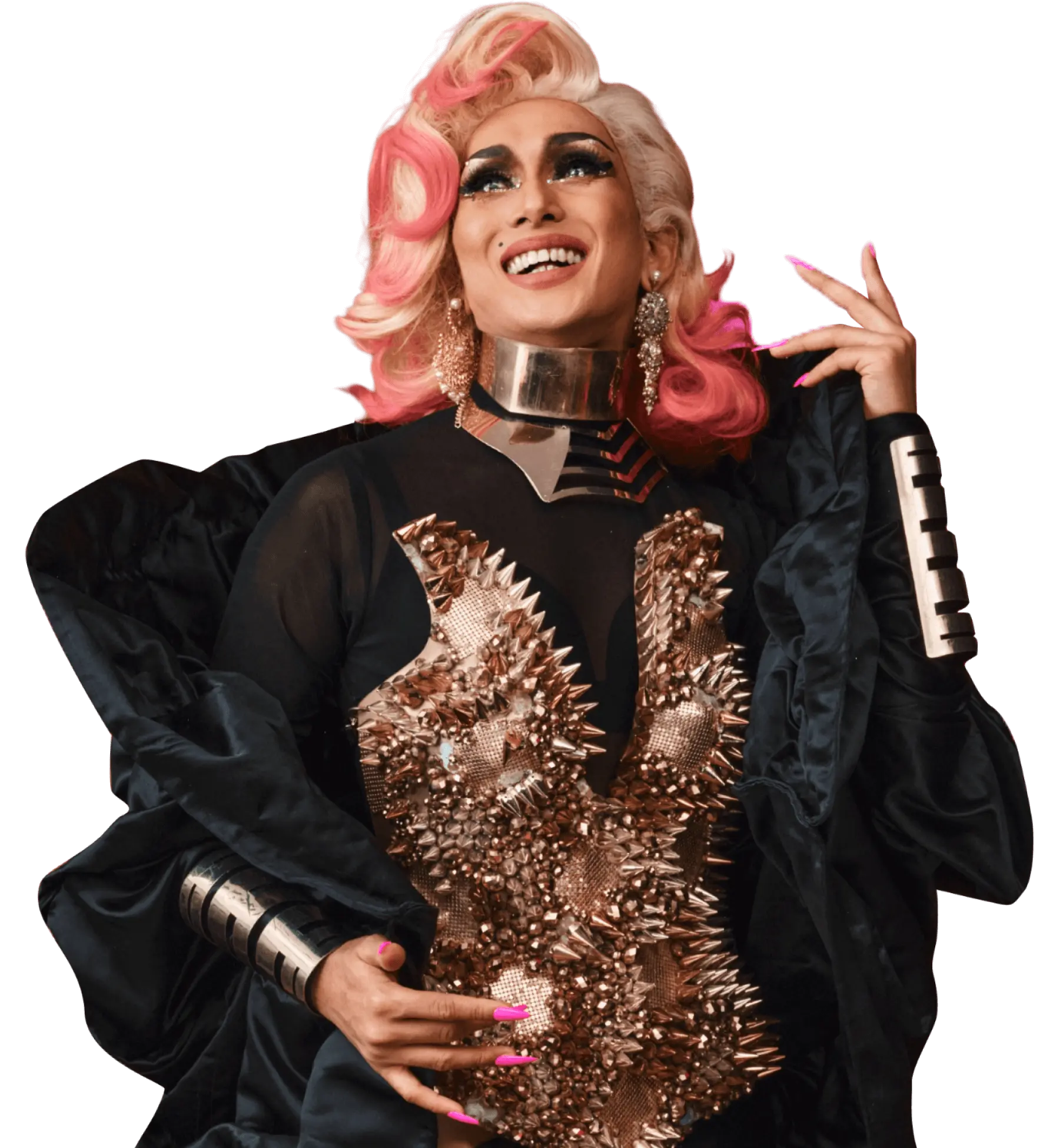 A photo of a woman with pink hair and with a pink gold dress and accessories.