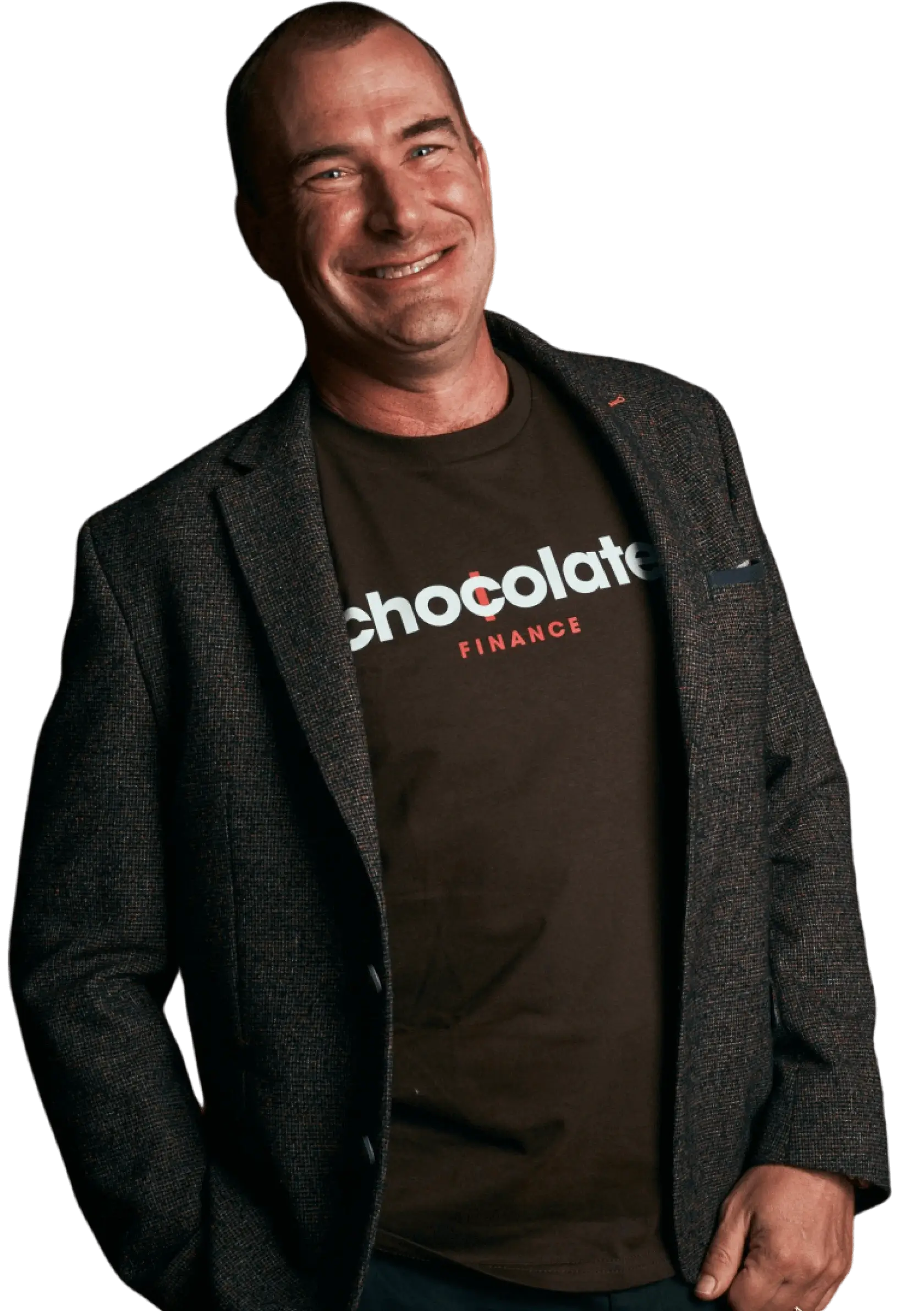 A photo of a man with a t-shirt with Chocolate Finance's logo and smiling due to his savings being simplified.
