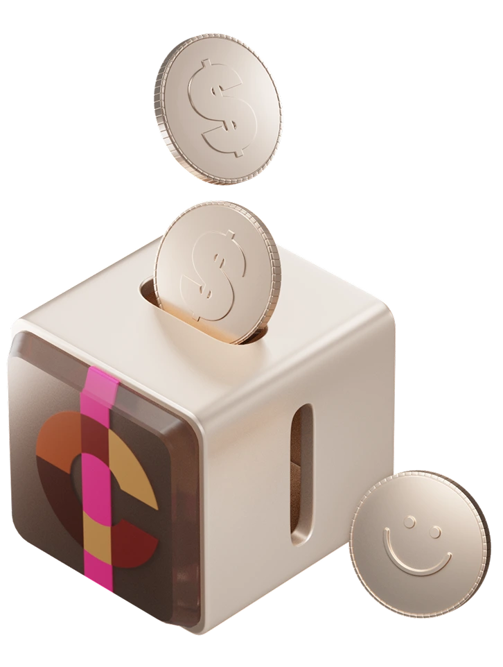 A 3D icon of an open lock with an infinity symbol on it illustrating "no lock-ins". Customers can withdraw their saving at at any time.