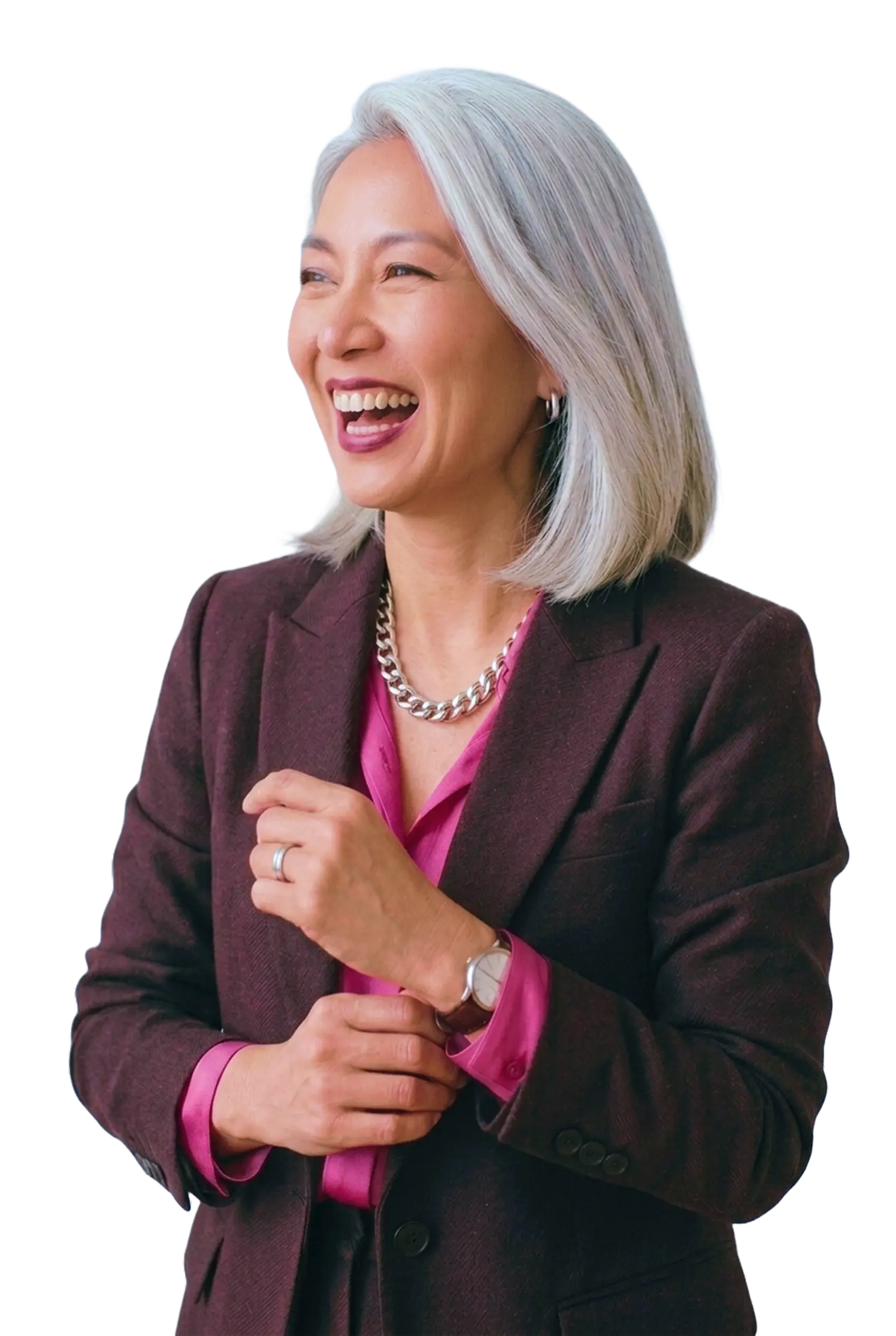 A photo of a woman holding her wallet and smiling due to the daily interest on her savings.