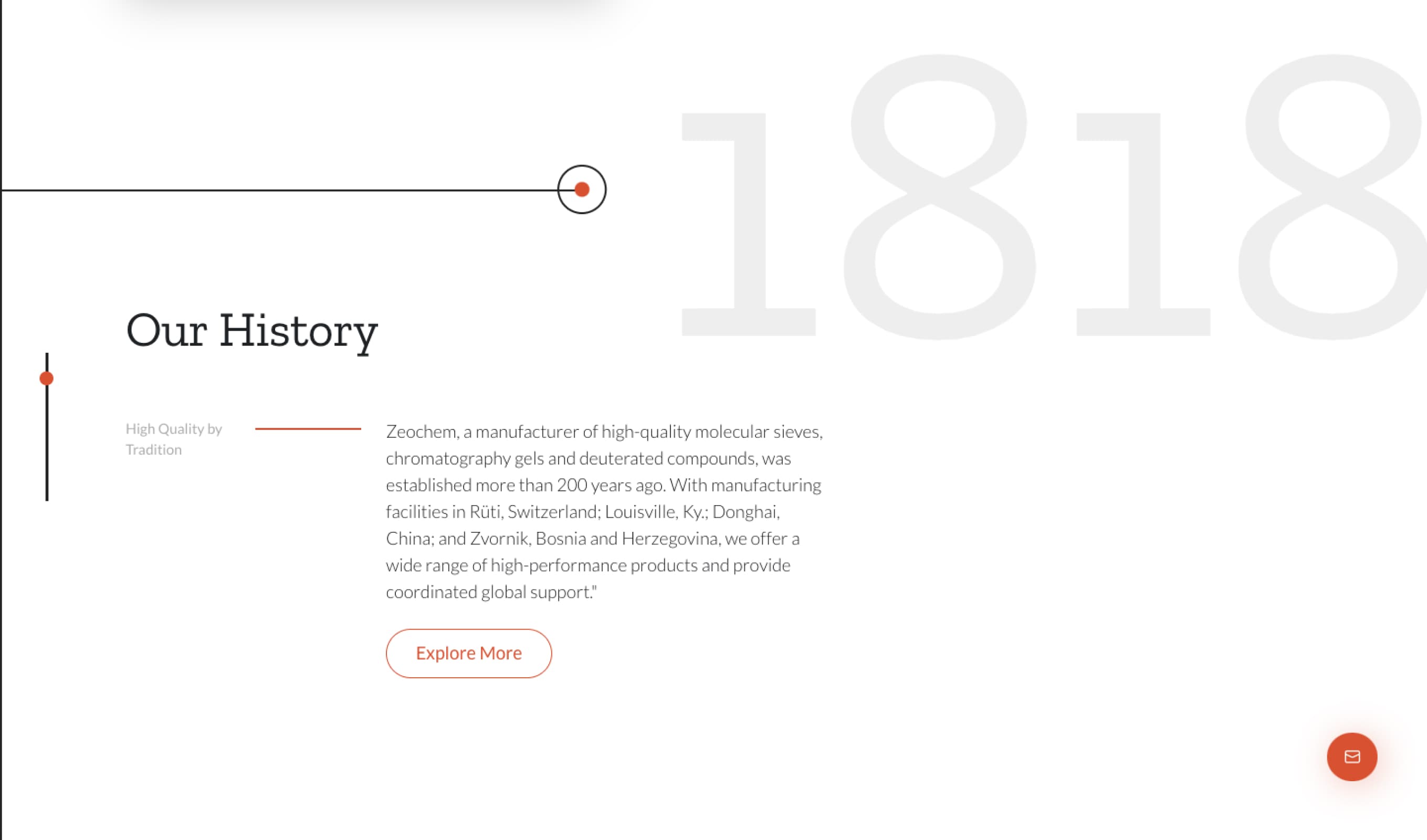 Zeochem website screen showing the "History" page call-to-action. 