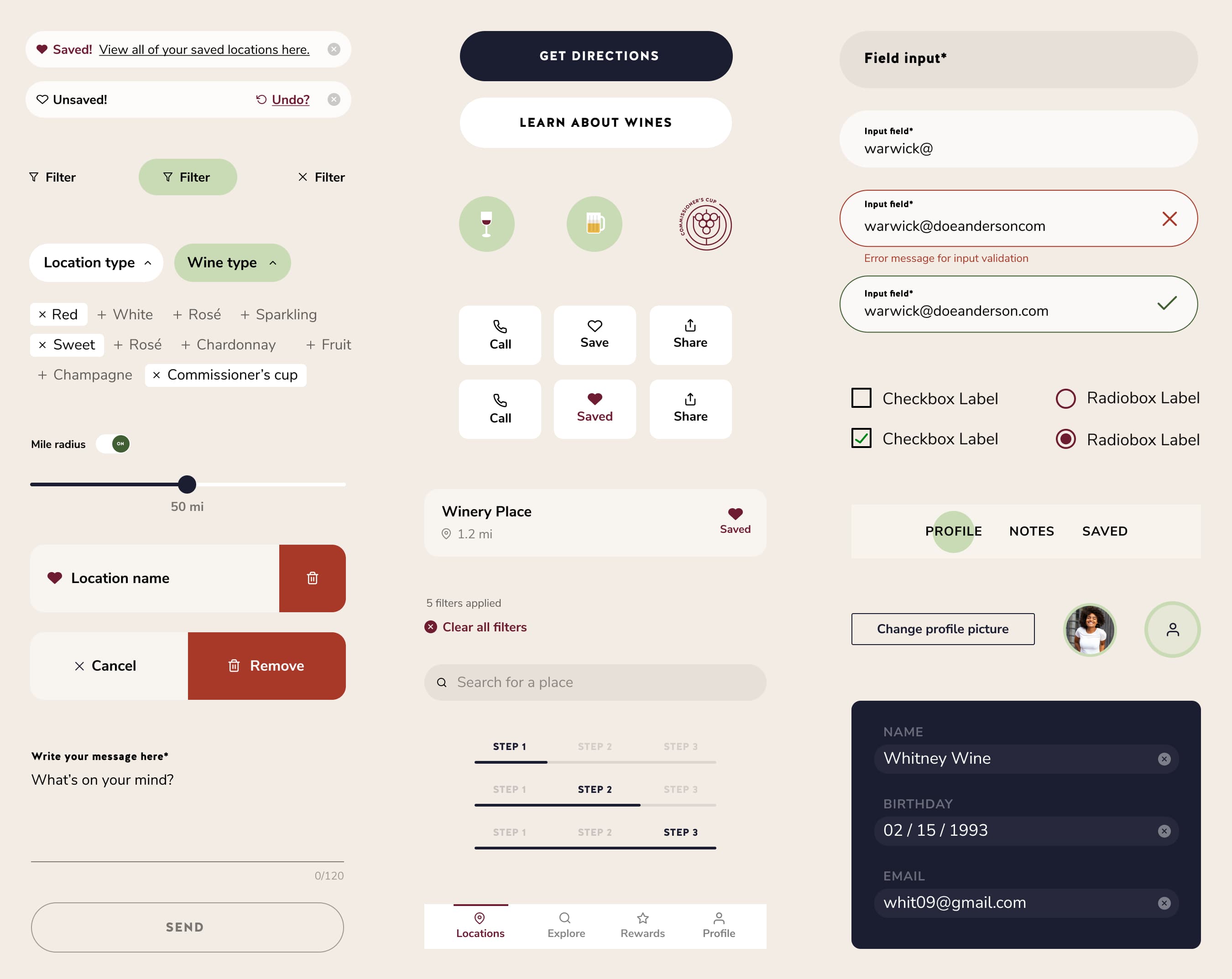 Global design elements for Drink KY UI, showing buttons, filtering, progress bars, form fields, and navigation.