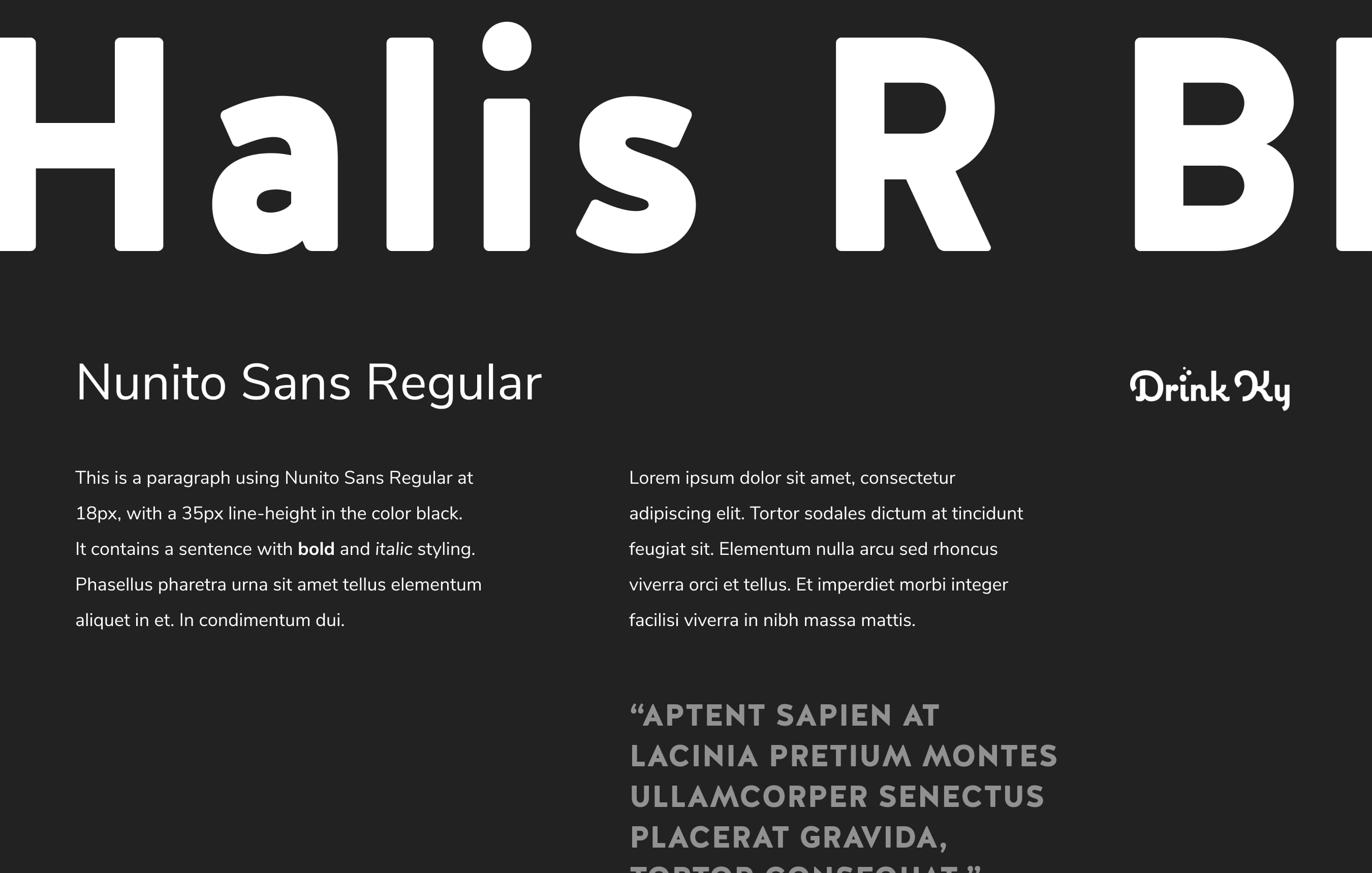 Drink KY typography styling, featuring Halis R Black and Nunito Sans Regular.