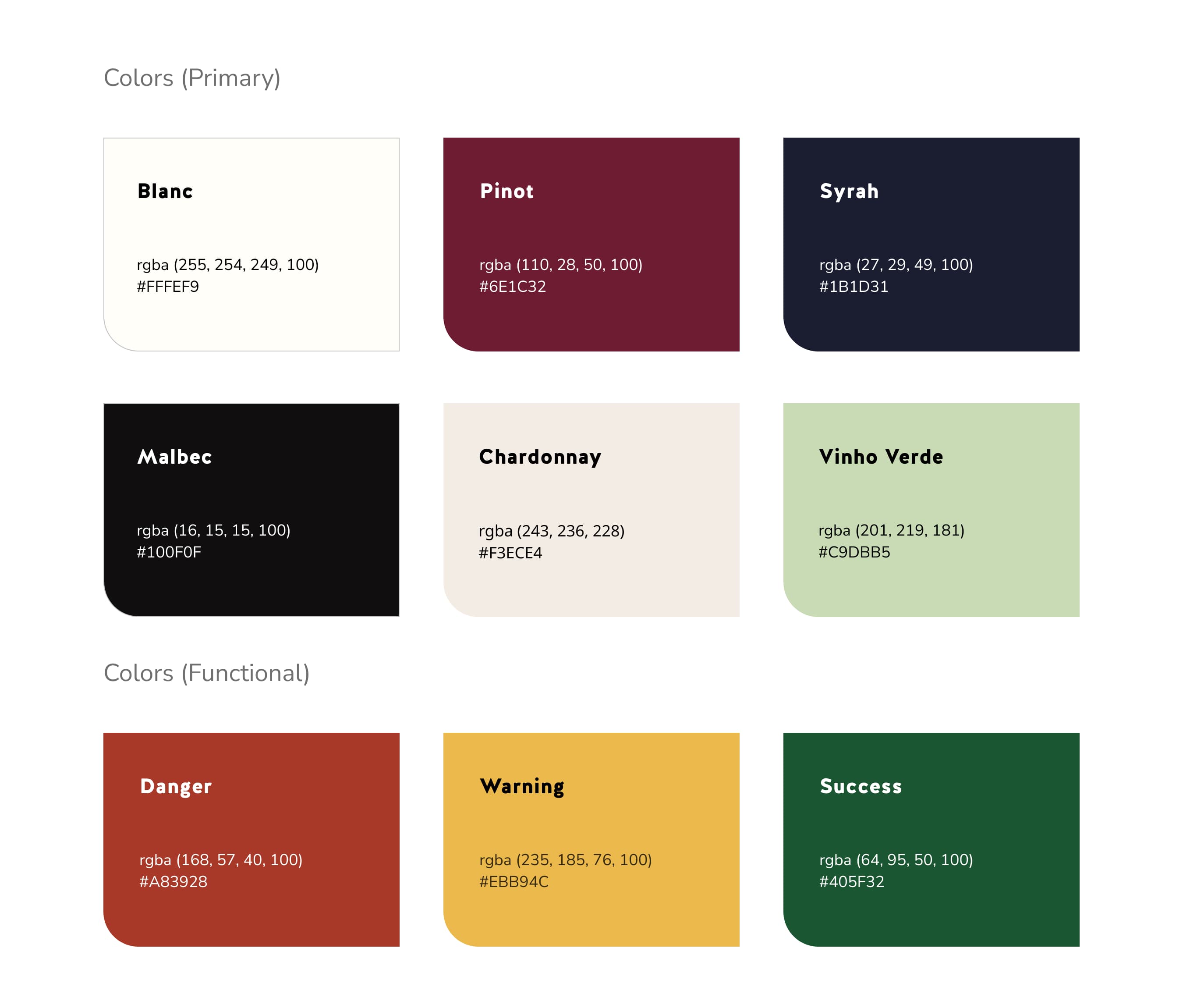Drink KY color palette, showing the colors and their corresponding names. White is Blanc, Red is Pinot, Blue is Syrah, Black is Merlot, Tan is Chardonnay, Green is Vihno Verde.