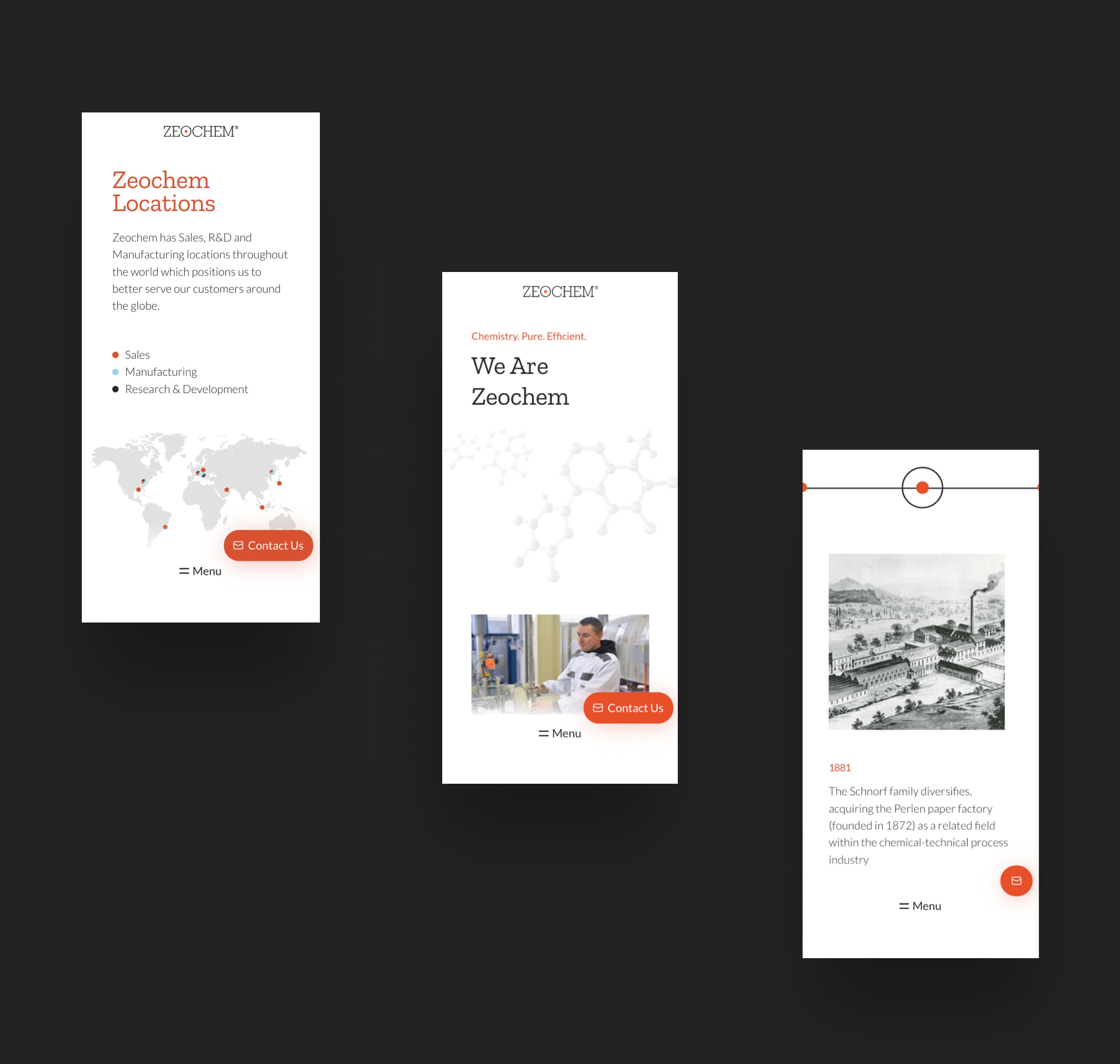Zeochem mobile views for Locations, History, and Homepage.
