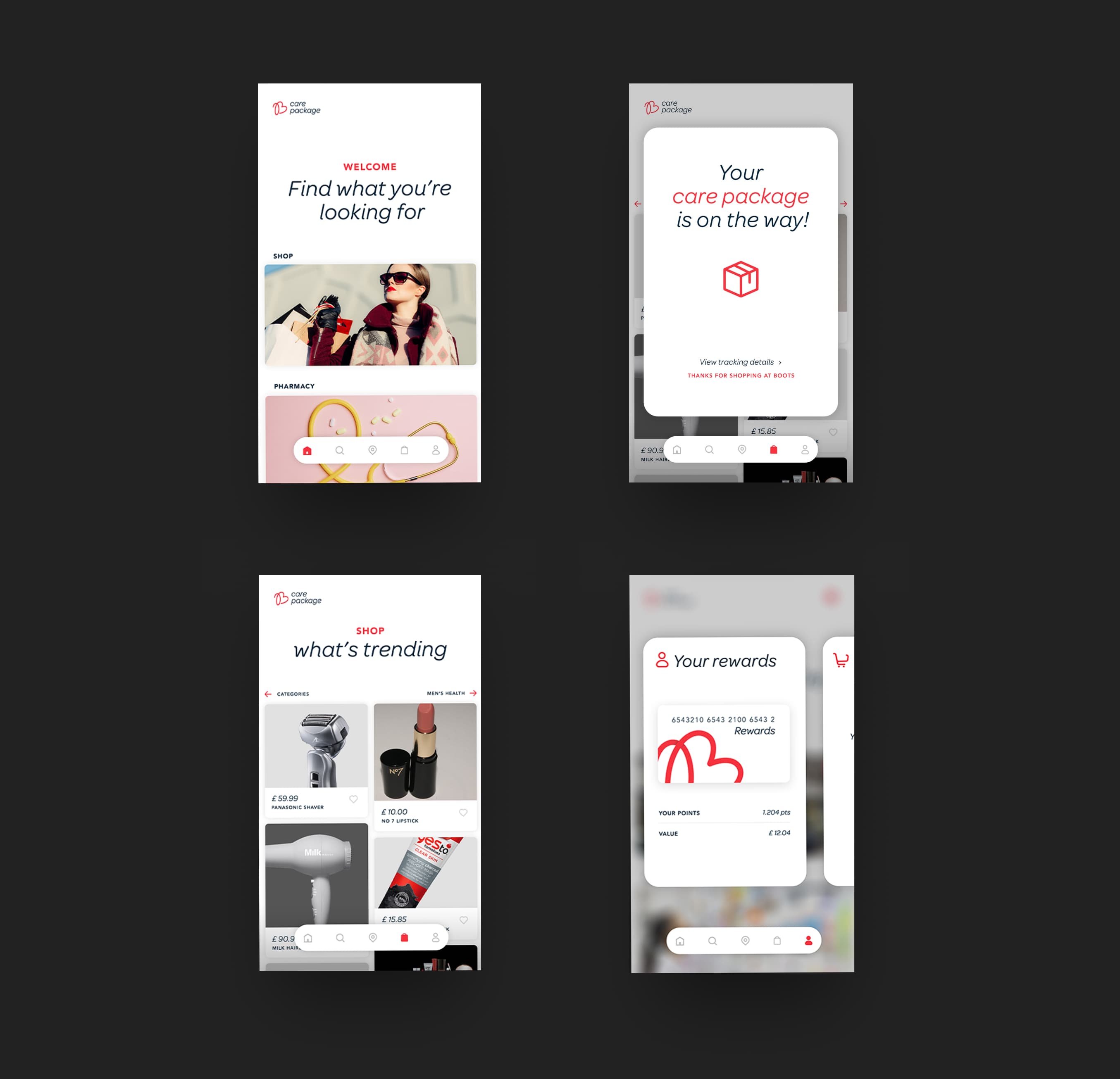 Boots "Care Package" App screens showing the "Shop" page, The "Explore" page, the "Profile" information cards, and the delivery confirmation screen.