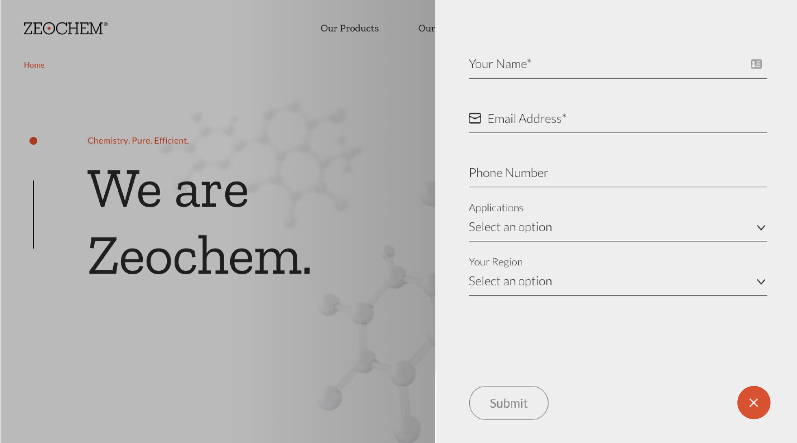 Zeochem website screen showing the contact form field UI.