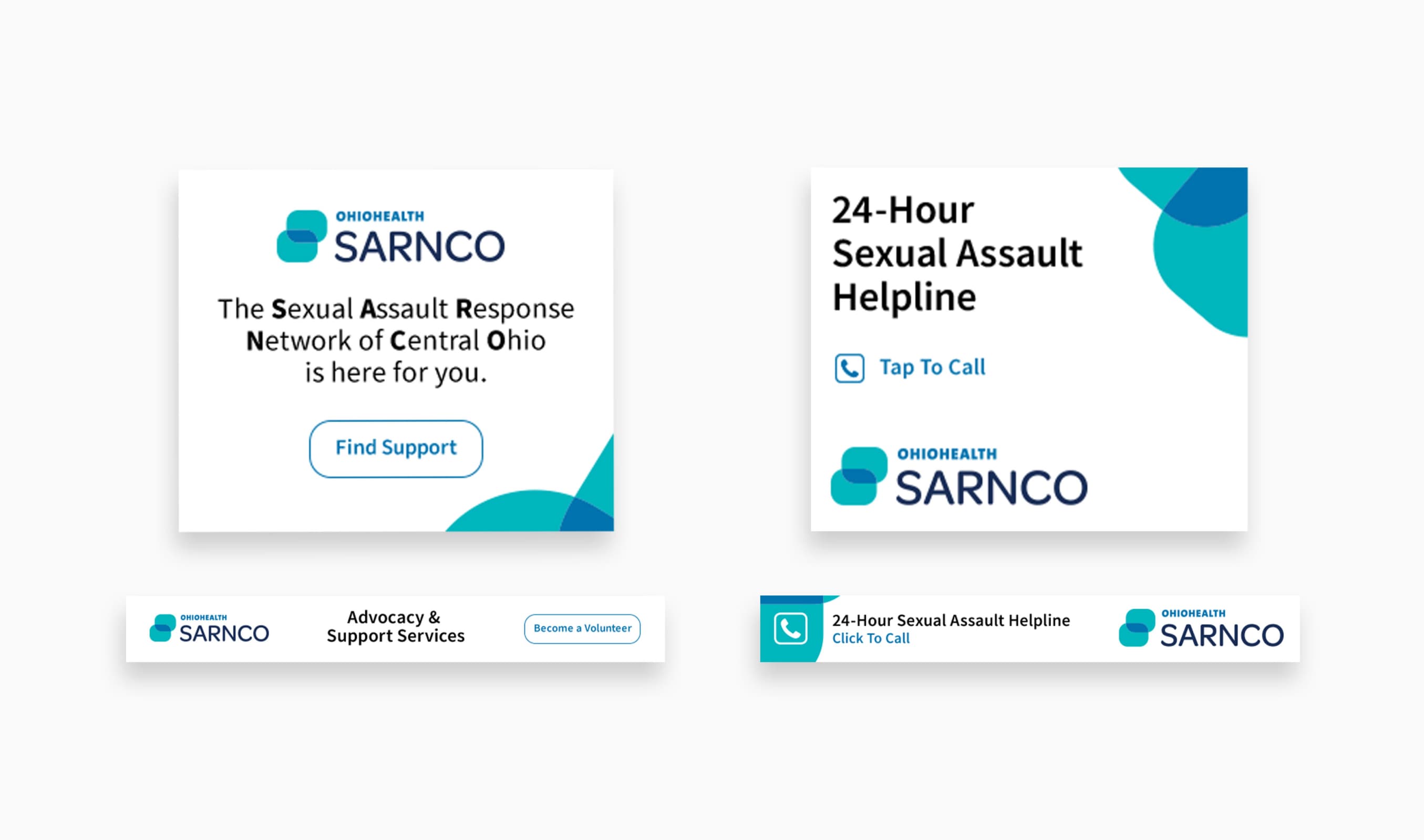 SARNCO digital banners showing variations where the call-to-action is for getting support, or signing up to become a volunteer, and retargeting ads for "click to call".