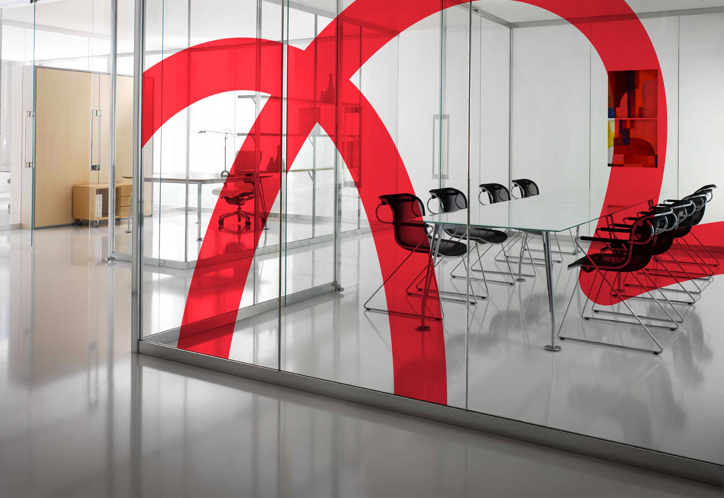 Boots heart logo decal on a glass wall divider for a conference room.