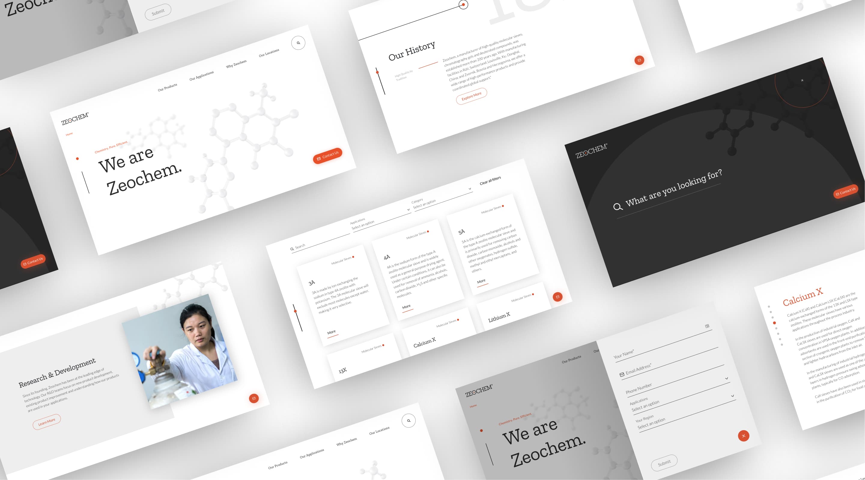 Zeochem website screens in a grid layout, showing the "Product" page, "History" page, "Contact" form field, "Search" page, and Homepage.