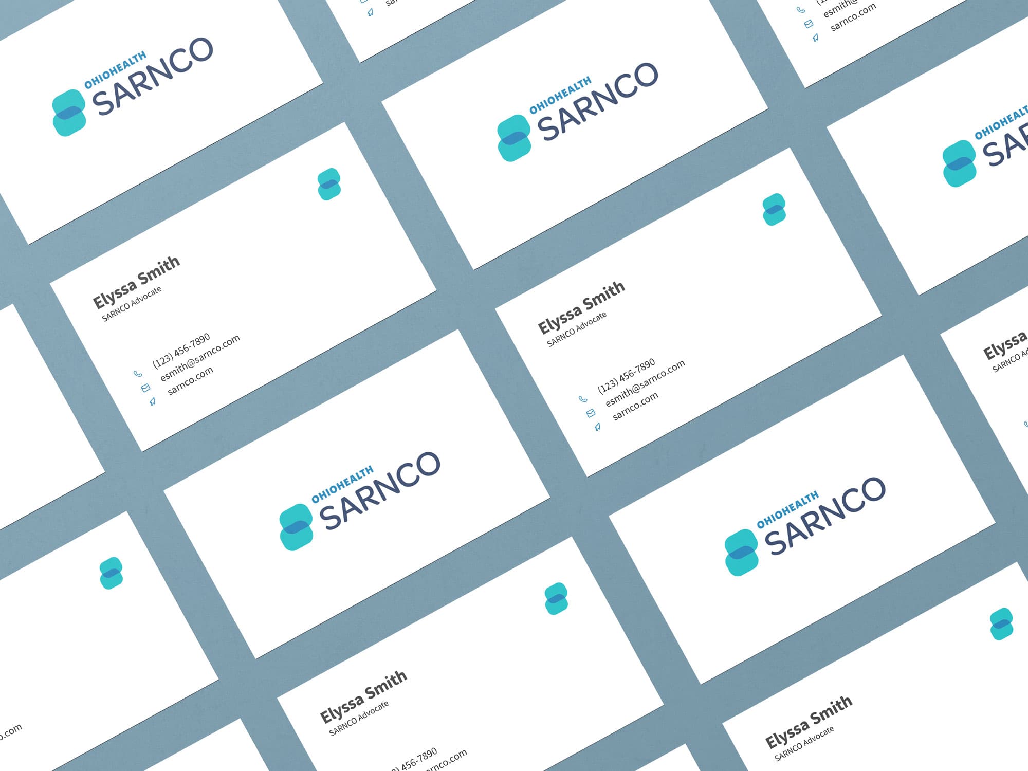 SARNCO business cards in a grid layout, showing the front and back of the cards.