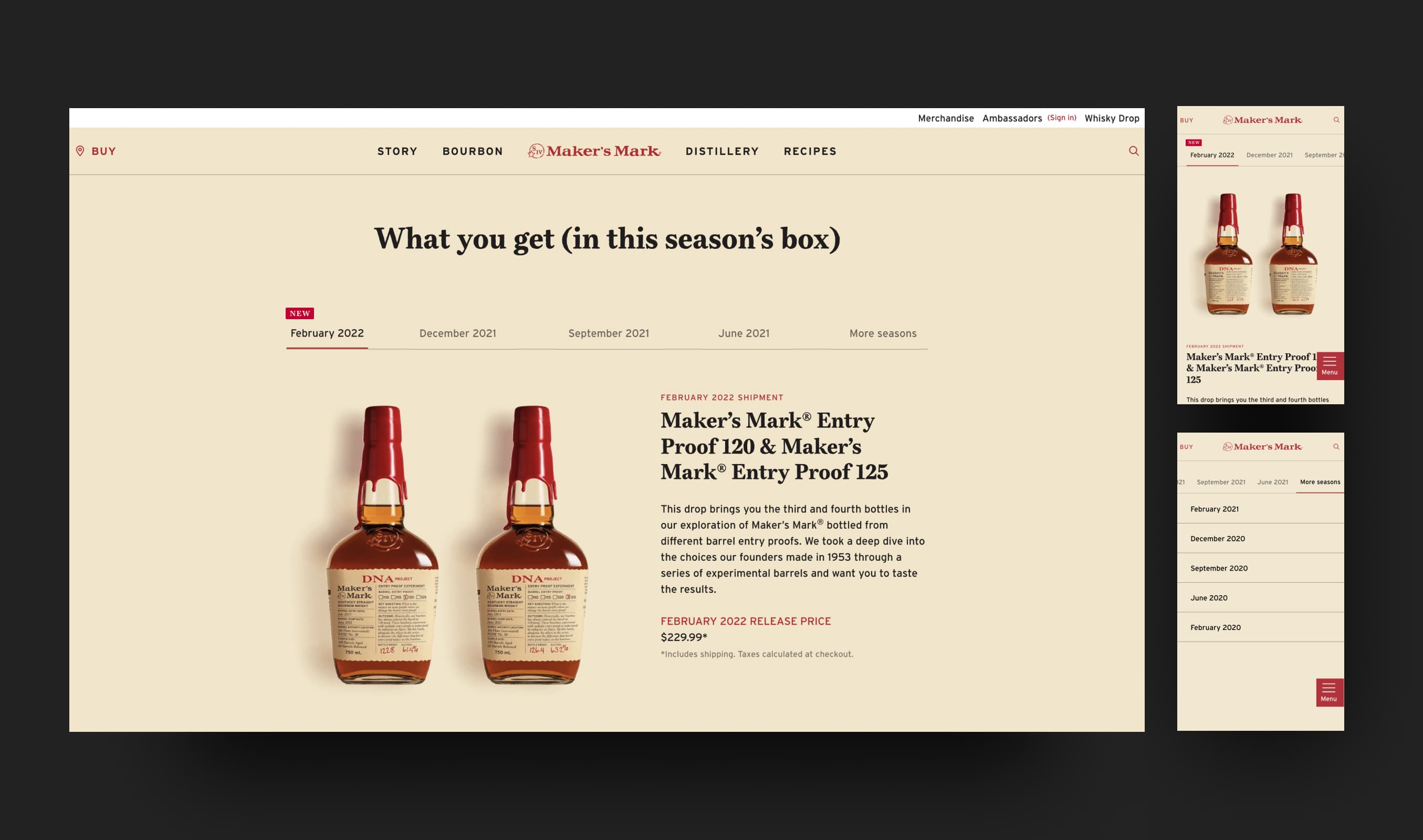 Maker's Mark Whisky Drop page showing navigation UI and tab UI for each Whisky Drop season drop.