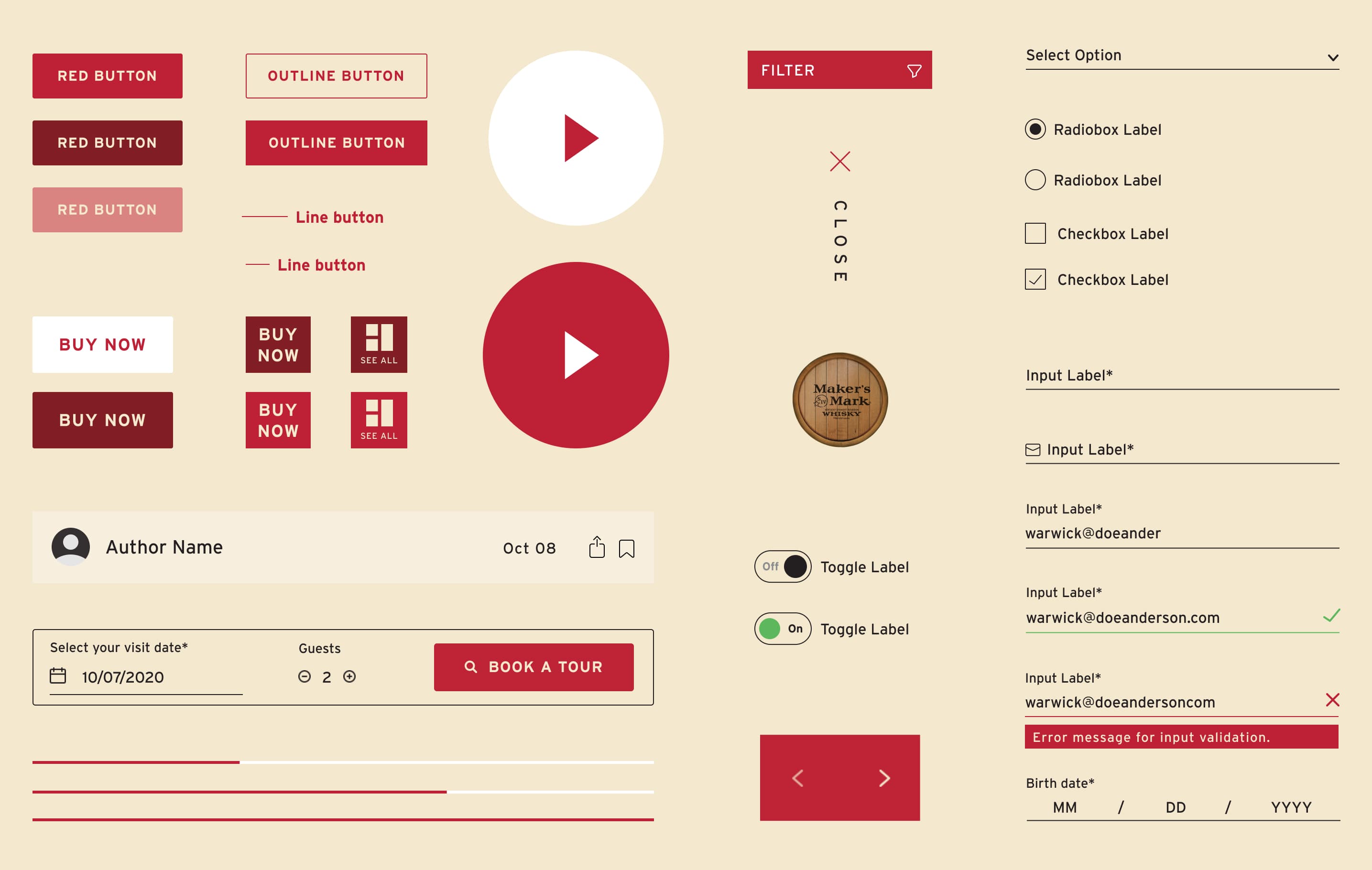 All the UI elements used for Maker's Mark, showing button stylings, form fields, toggle buttons, progress bars, filtering UI, and loading images.