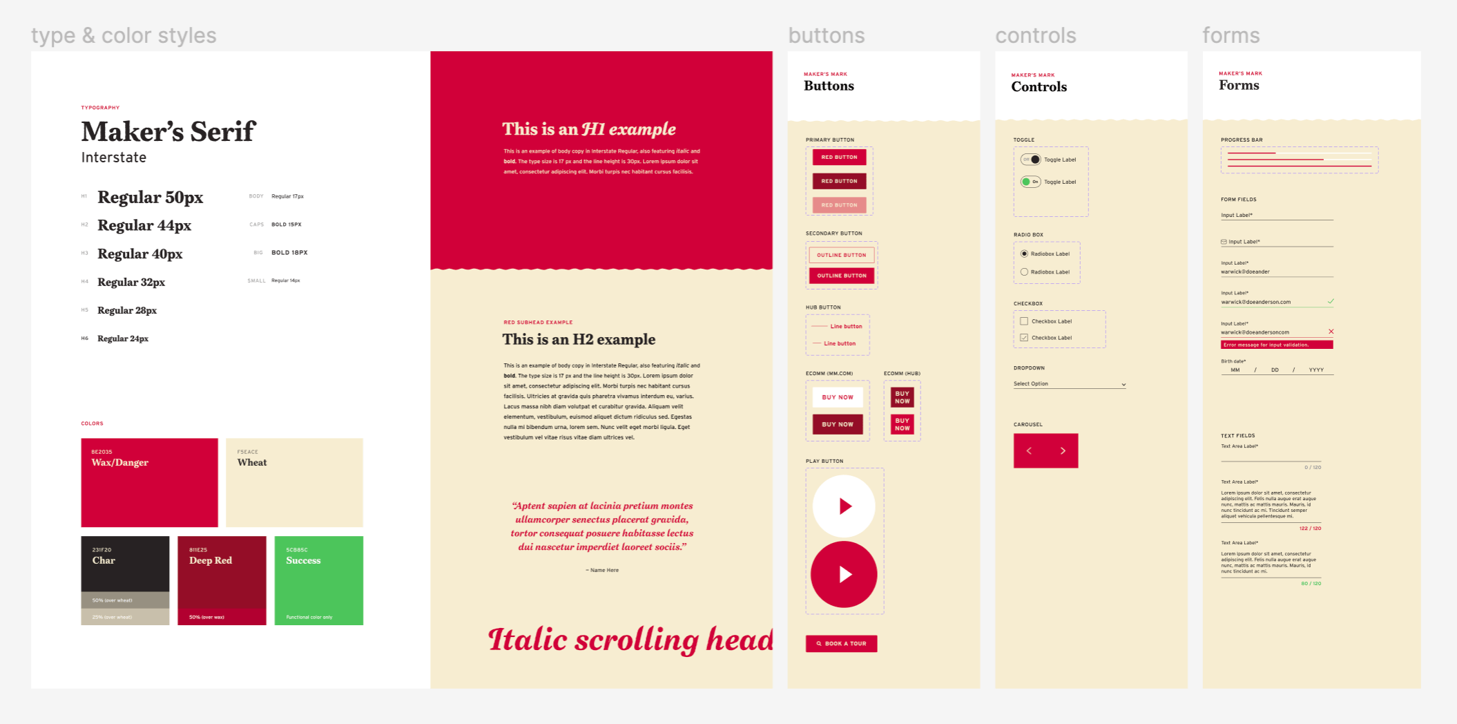 Global design elements showing all the individual UI elements and typography and color styling for Maker's Mark.