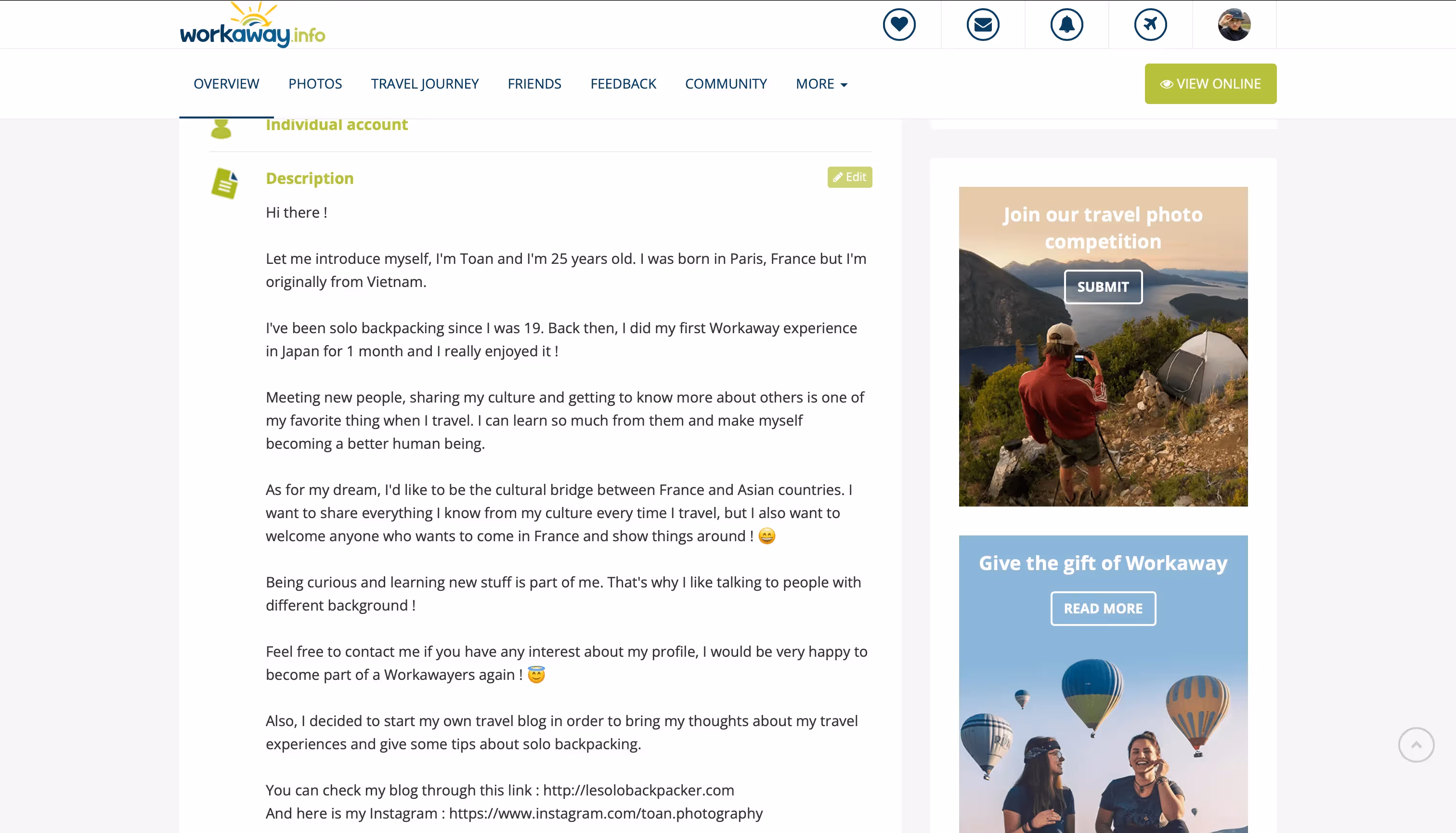 Exemple de ma présentation sur Workaway
