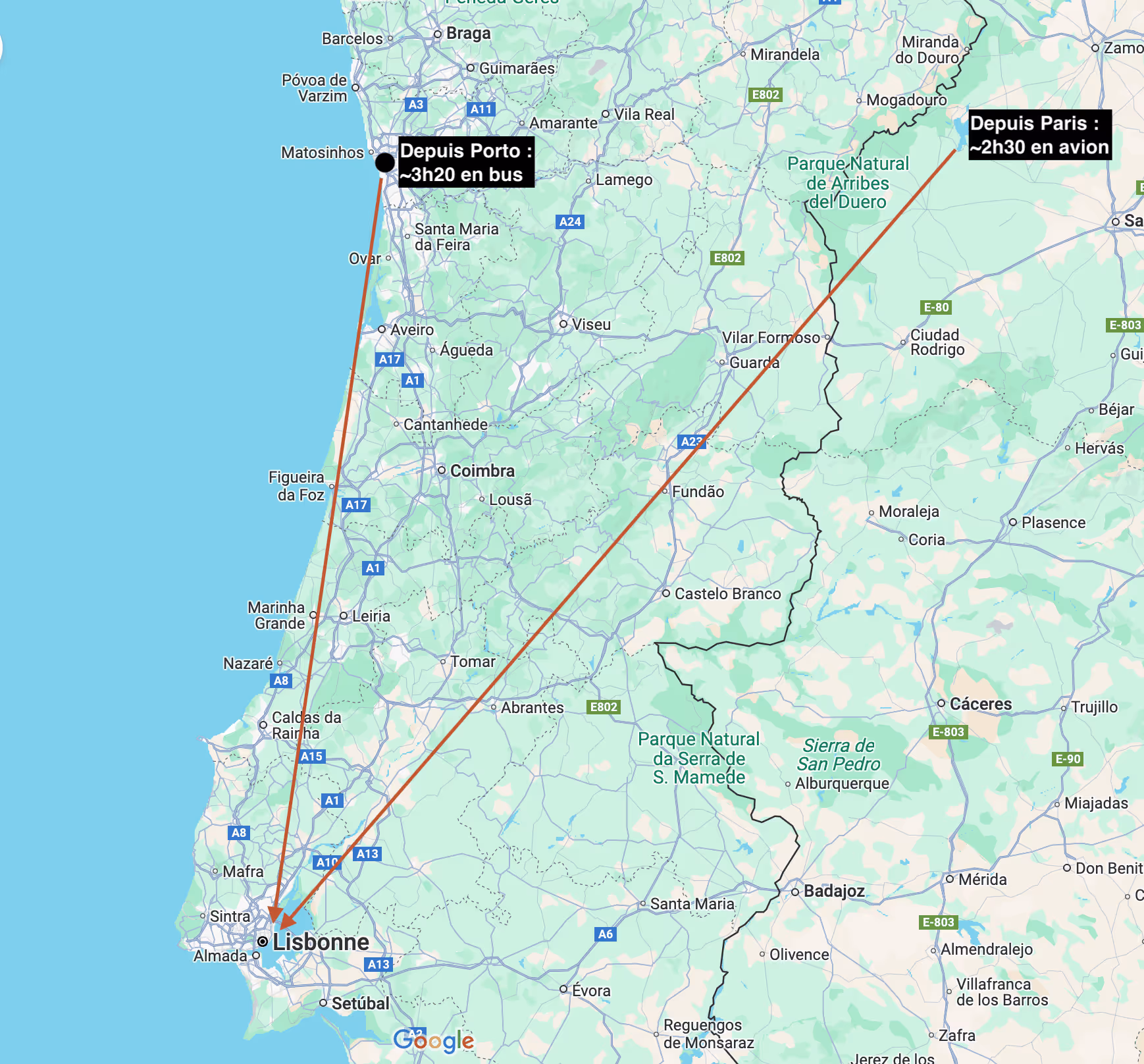 Comment venir à Lisbonne itinéraire