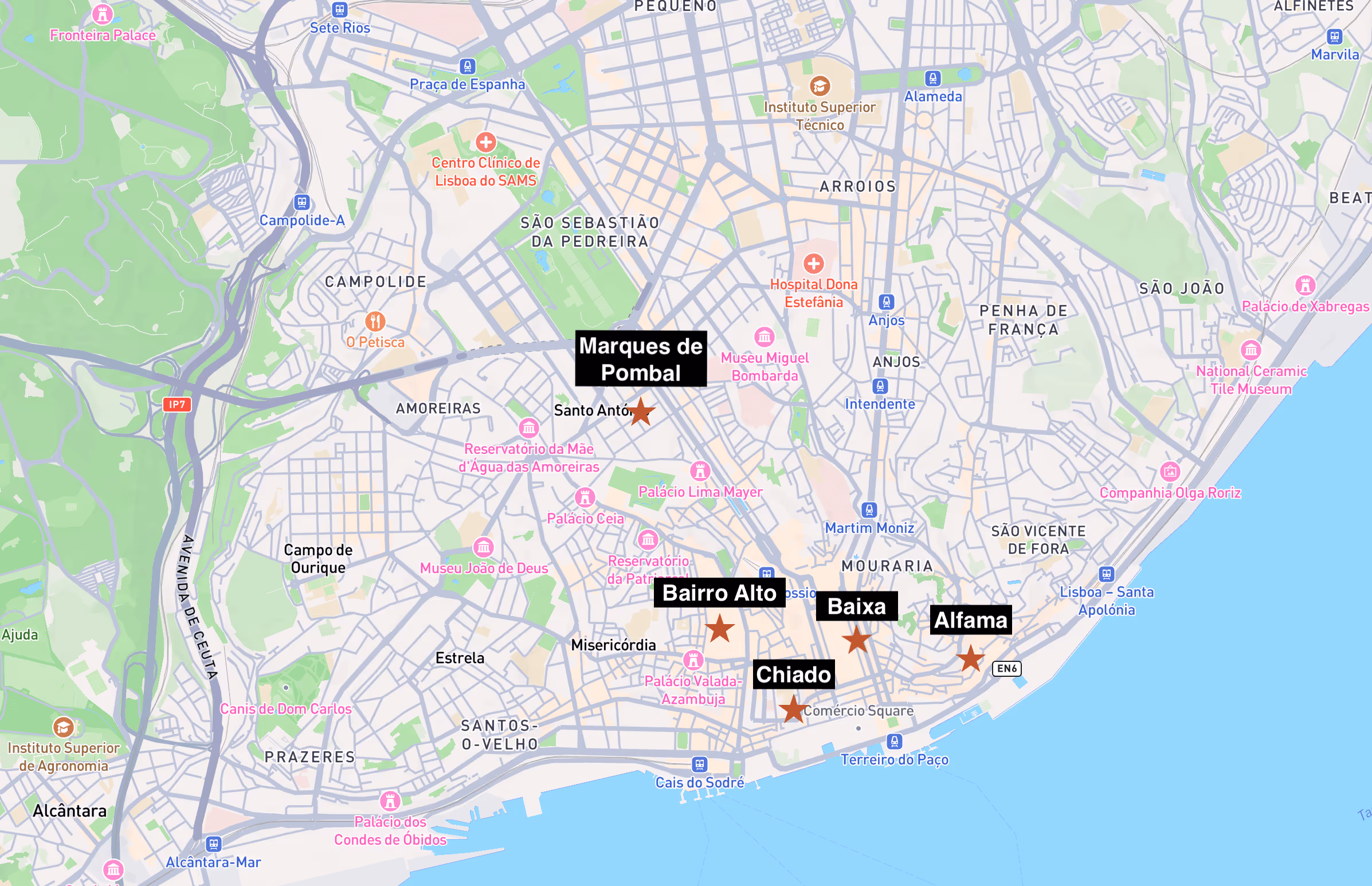 Carte des quartiers où dormir à Lisbonne