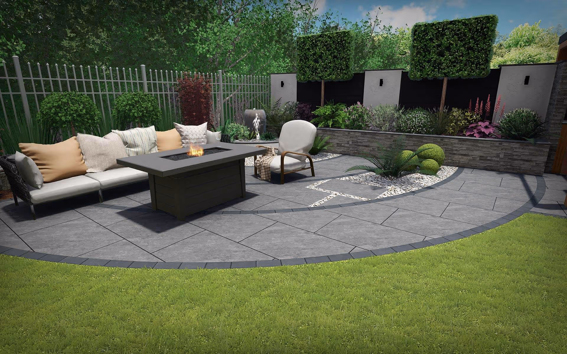 A 3D render of a paved corner of a garden with a comfy sofa and mature planting