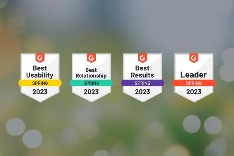 Four of Smokeball's G2 badges that read: Best Usability, Best Relationship, Best Results, and Leader