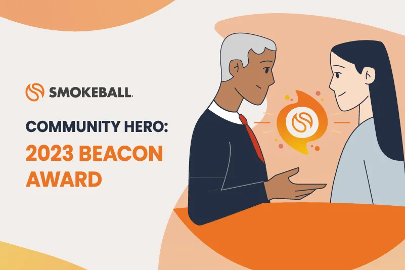 A graphic of a man with gray hair extending his hand to a woman with long black hair. Between them is a flame-like emblem.