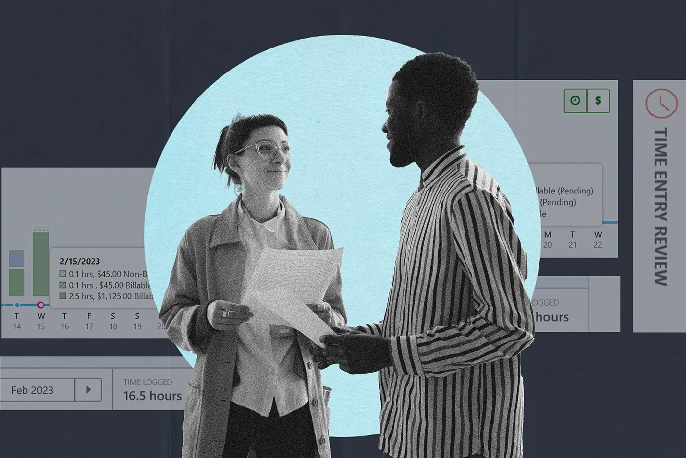 Man and woman look over billable hours spreadsheet