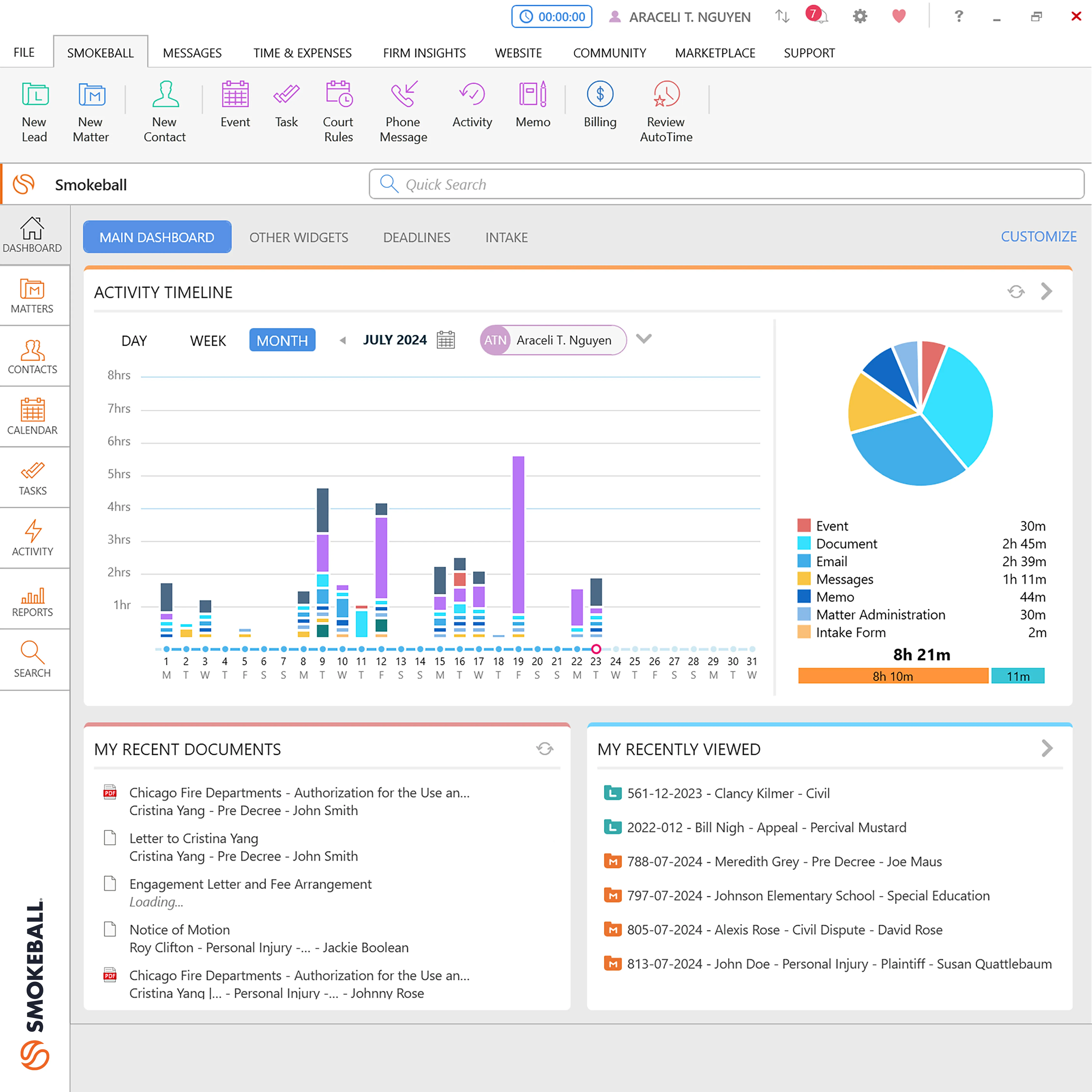 Smokeball dashboard in Prosper+