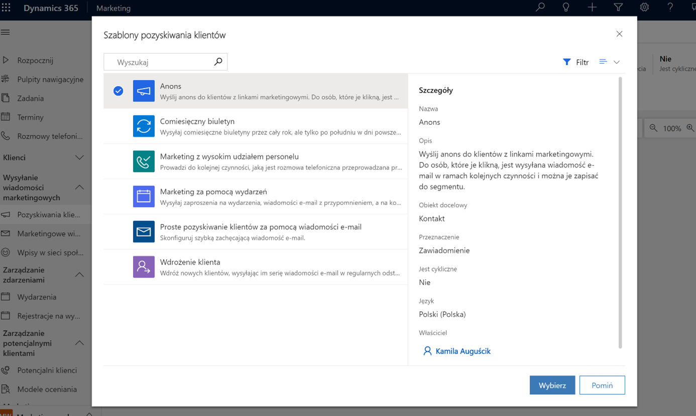 Szablony pozyskiwania klientów w Microsoft Dynamics 365 Marketing