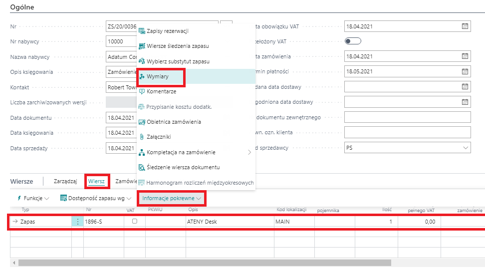 Korekcja wymiarów w Microsoft Dynamics 365 Business Central