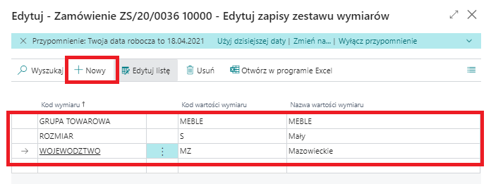 Korekcja wymiarów w Microsoft Dynamics 365 Business Central