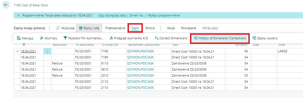 Korekcja wymiarów w Microsoft Dynamics 365 Business Central