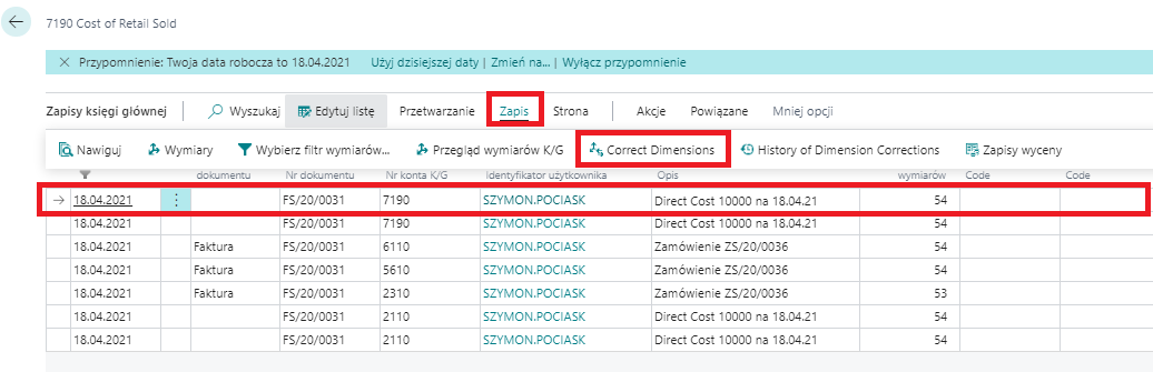 Korekcja wymiarów w Microsoft Dynamics 365 Business Central