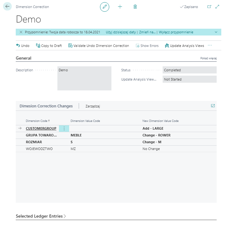 Korekcja wymiarów w Microsoft Dynamics 365 Business Central