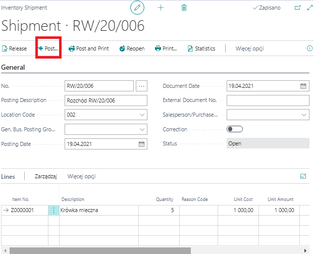 Kartoteki dokumentów rozchodu i przychodu wewnętrznego w Microsoft Dynamics 365 Business Central