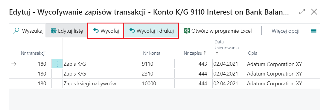 Wycofanie zaksięgowanego PK i transakcji księgowych w Microsoft Dynamics 365 Business Central