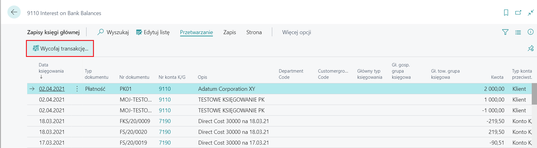 Wycofanie zaksięgowanego PK i transakcji księgowych w Microsoft Dynamics 365 Business Central