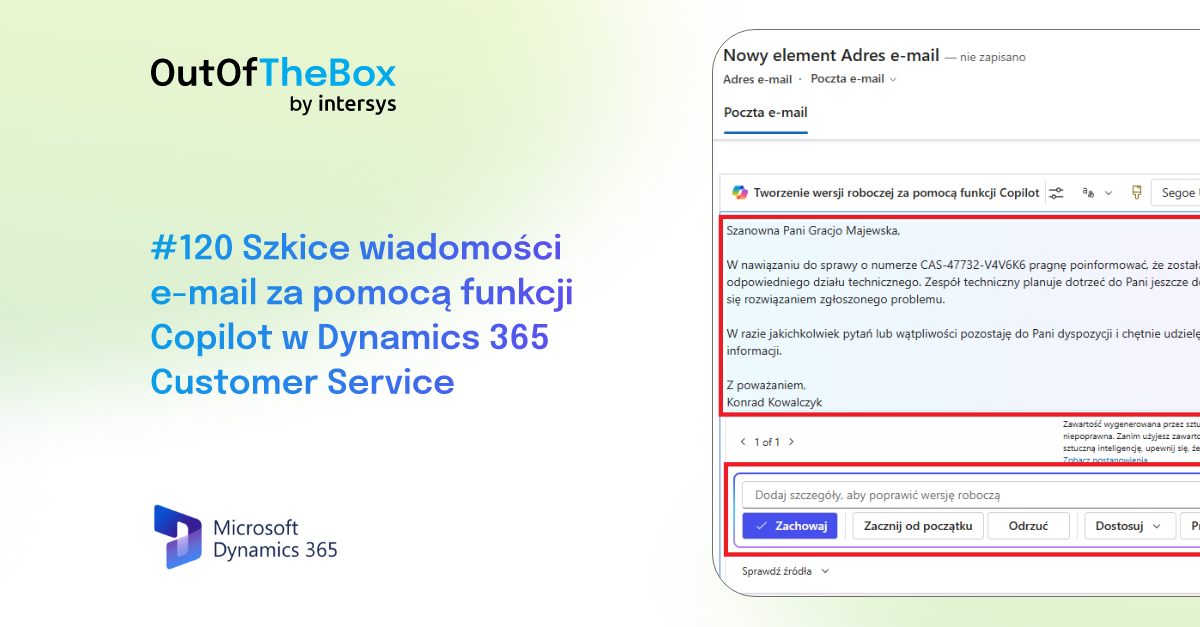 Szkice wiadomości e-mail za pomocą funkcji Copilot w Dynamics 365 Customer Service