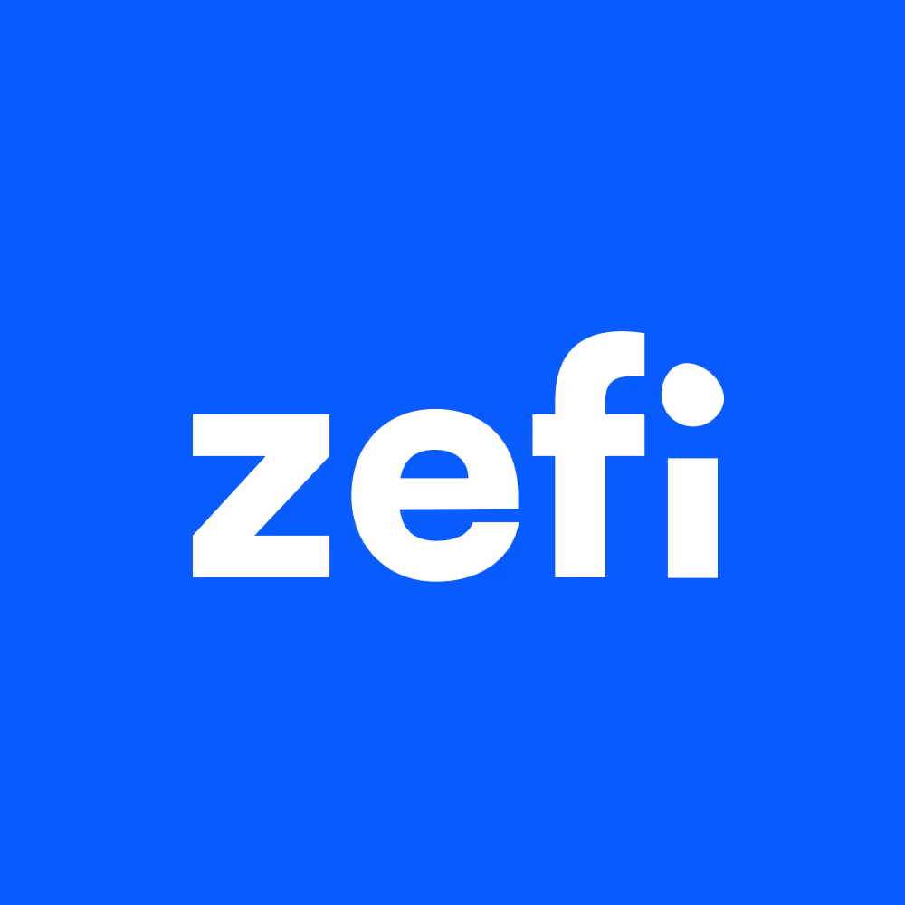 Zefi AI logo white on a blue background