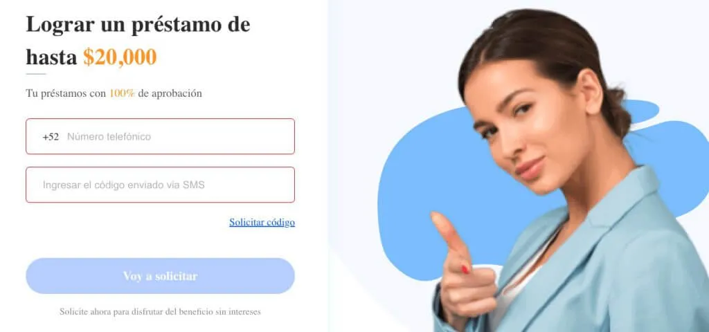 Landing fraudulenta de préstamos personales que pide información personal.