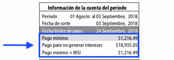 Foto de documento señalando pago mínimo, pago para no generar intereses y pago mínimo + MSI de un estado de cuenta bancario