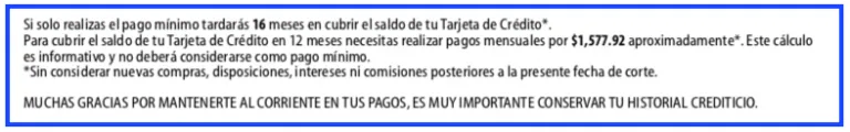 Leyenda de información importante de penalizaciones por no pagar una deuda a tiempo así como pago mínimo