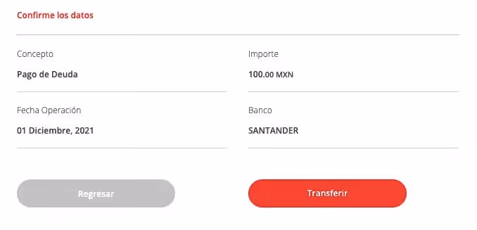 Confirmación de transferencia en banca en línea