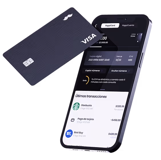 Tarjeta RappiCard a la izquierda de una interfaz móvil donde se visualiza el historial de transacciones realizados con la tarjeta