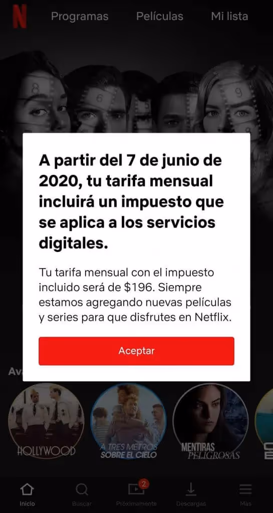 Aviso de Netflix sobre cobro de impuestos en México
