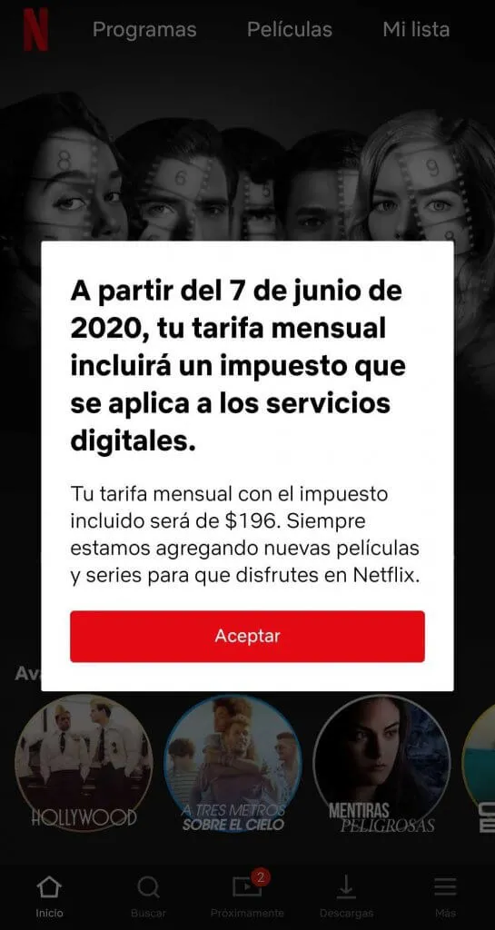 Aviso de Netflix sobre cobro de impuestos en México