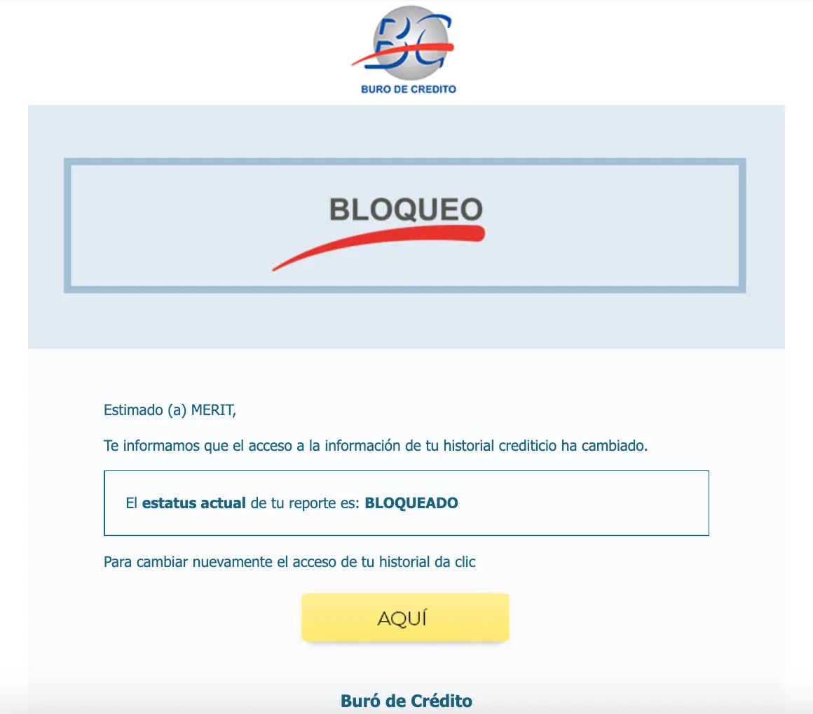 Notificación de buró de crédito bloqueado