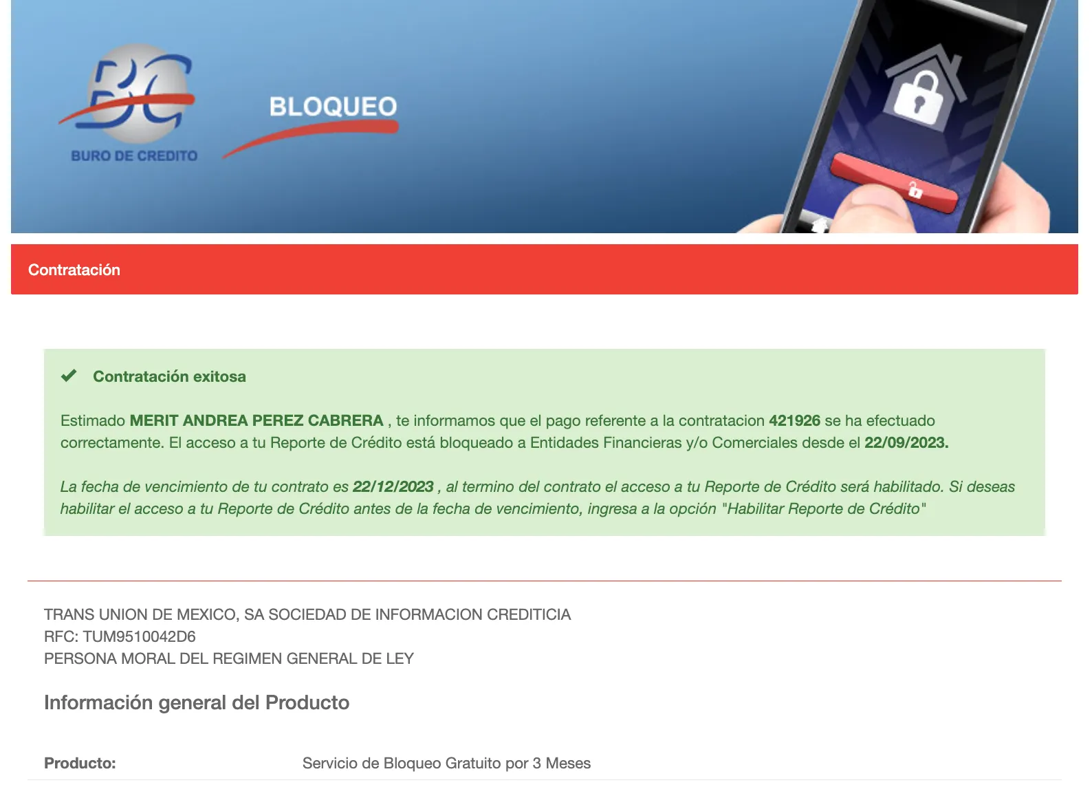 Página para bloquear buró de crédito