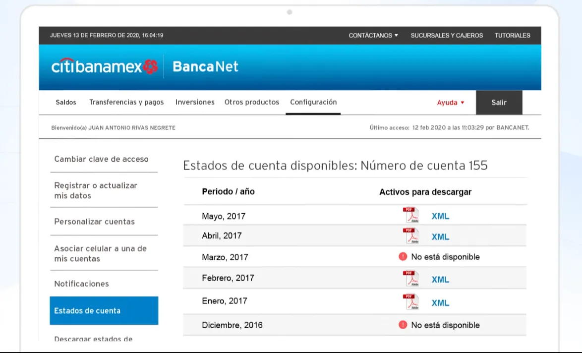 Lista de estados de cuenta disponibles para descargar en BancaNet de Citibanamex