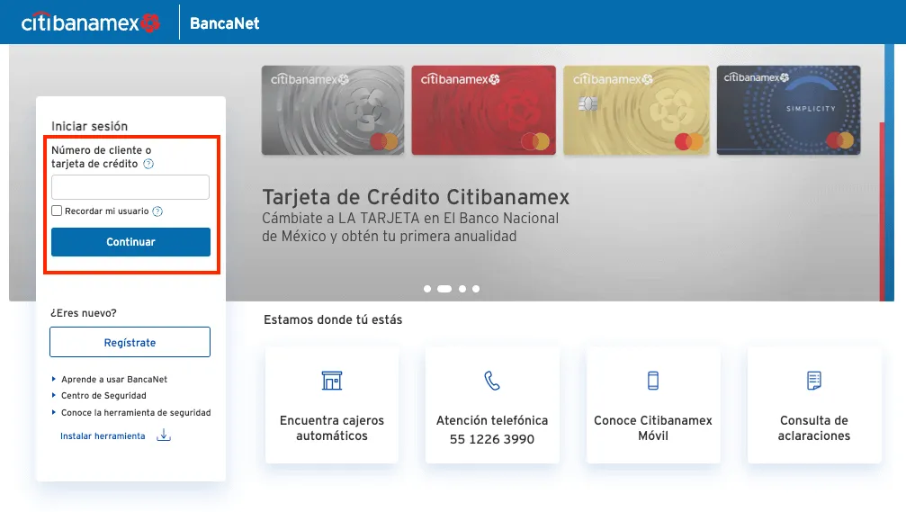 Interfaz BancaNet de Citibanamex desde una computadora
