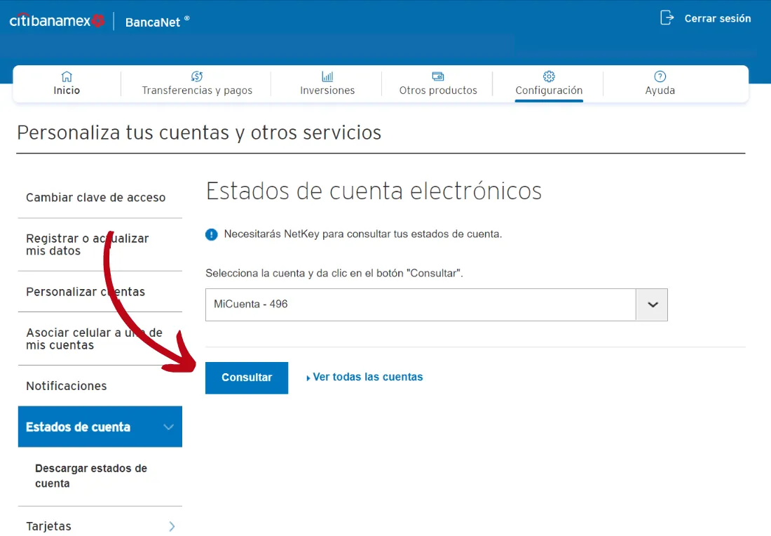Elegir tarjeta o cuenta bancaria para descargar estado de cuenta en BancaNet de Citibanamex