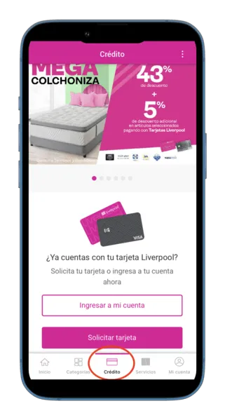 Aplicación LiverpoolPocket con la opción de solicitar tarjeta de crédito